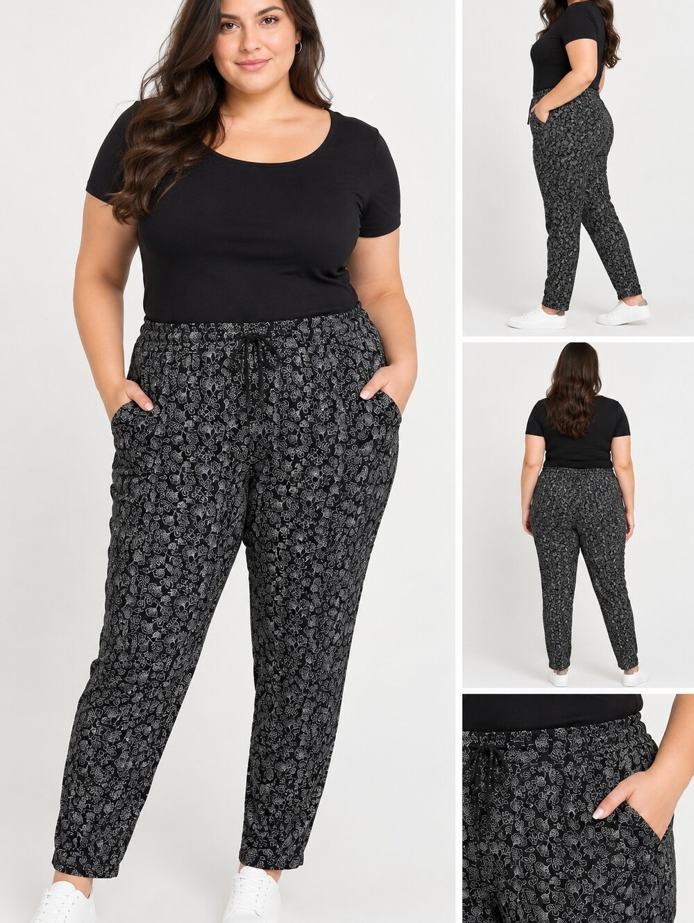 Faded Glory Black Pants with White Floral Print